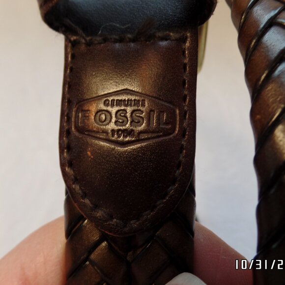 Men's Fossil Genuine Leather Braided Brown Belt Gold Hardware - Picture 3 of 9
